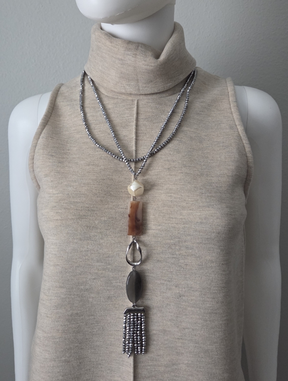 Chico's Long Statement Necklace, Silver Tone With Beads